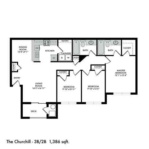 Floor plan for 3 beds, 2 baths, 1386 sqft
